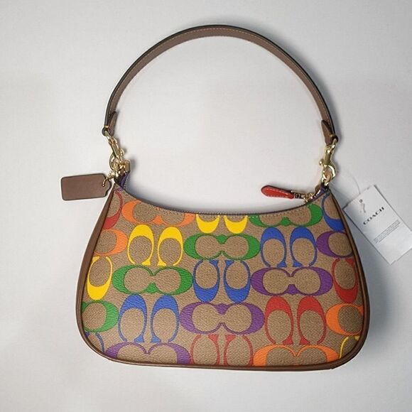 NWT Coach CA176 Teri Shoulder Bag Rainbow Signature Canvas Leather Khaki Multi - Picture 3 of 8
